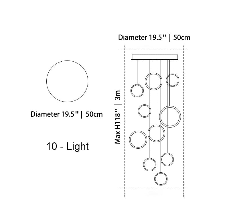 Asymmetrical Bola Halo LED Staircase Chandelier in Black/Gold for Split Level Entryway