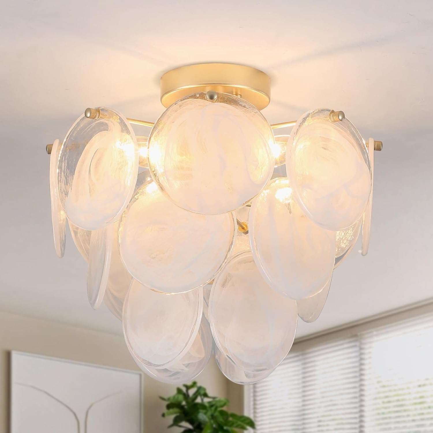 Flush Mount Ceiling Light Chandelier,4 Light with Unique White Round Glass Sheet for Living room Bedroom Entryway Kitchen