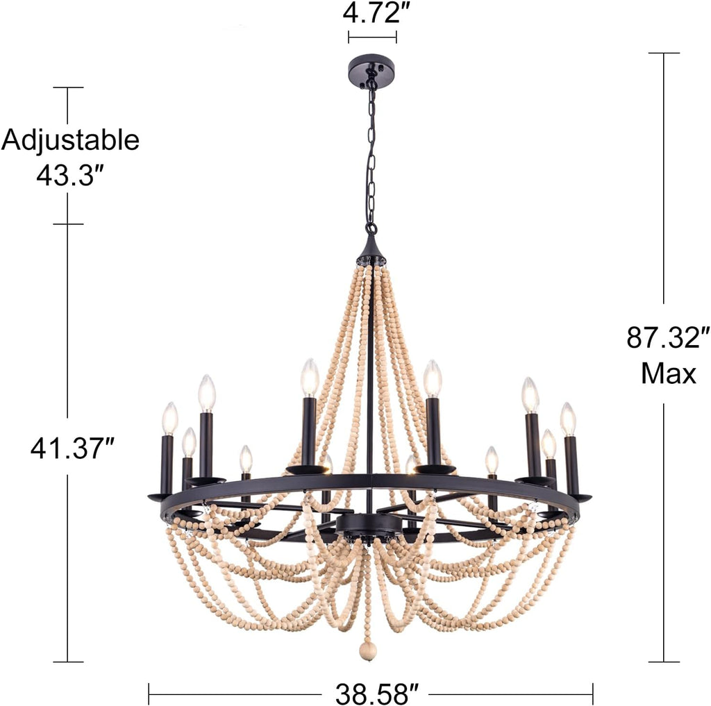 38", 12 Light Black Wagon Wheel Chandelier