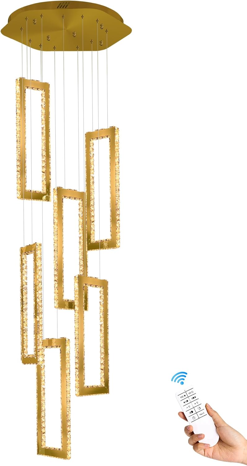 Modern Led Gold Chandelier Adjustable 6 Rings Crystal Chandelier for Living Room Foyer Stairwell Lighting High Ceiling Lamp Dimmable 2700K-6000K
