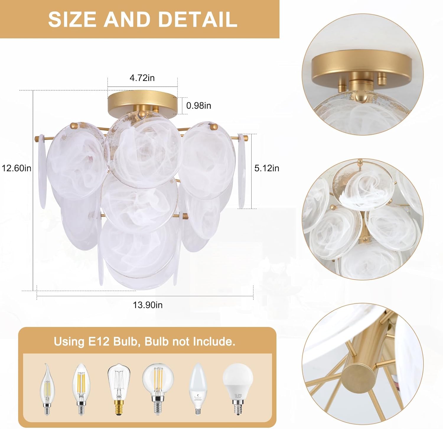 Flush Mount Ceiling Light Chandelier,4 Light with Unique White Round Glass Sheet for Living room Bedroom Entryway Kitchen