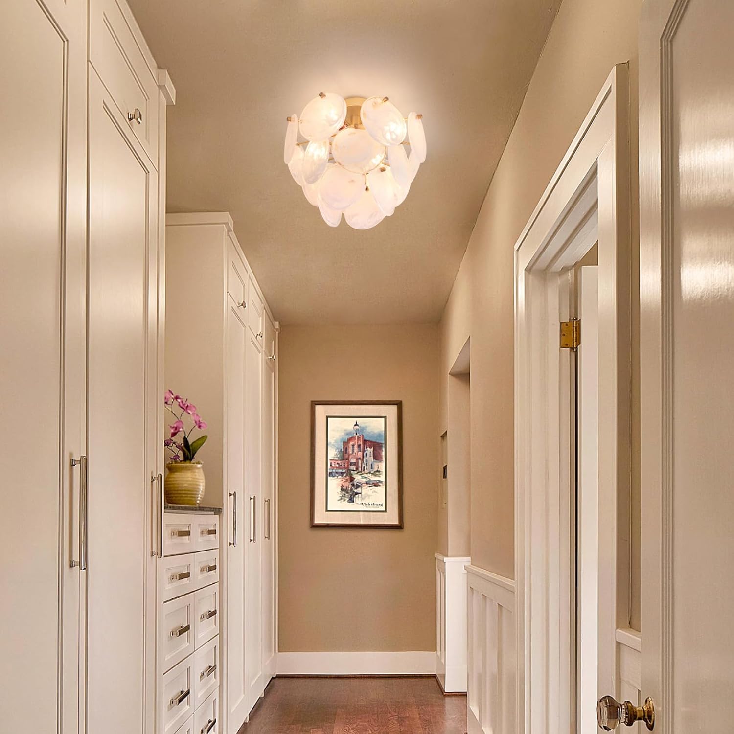 Flush Mount Ceiling Light Chandelier,4 Light with Unique White Round Glass Sheet for Living room Bedroom Entryway Kitchen