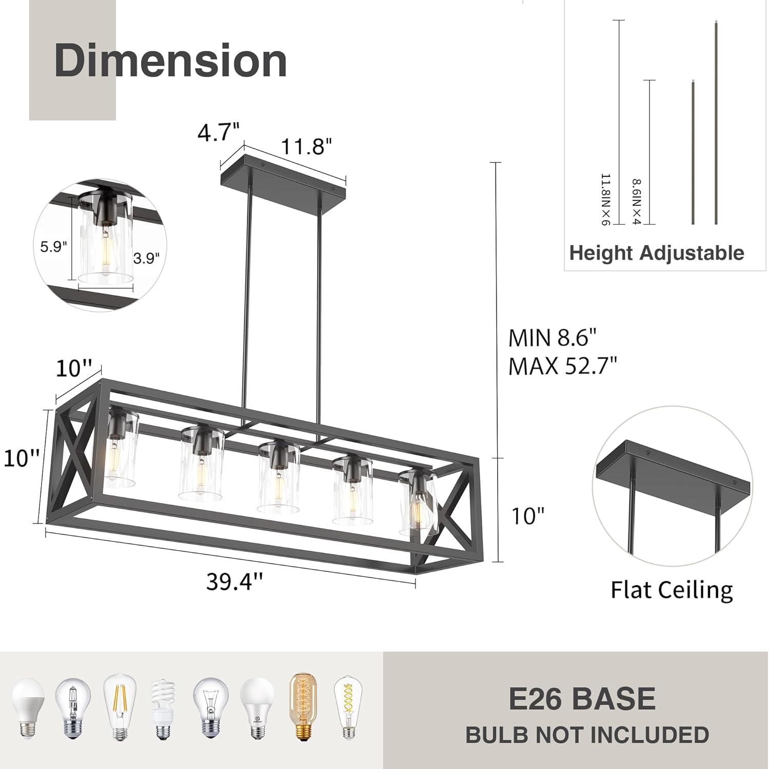 Farmhouse Dining Room Light Fixture - 5 Light Matte Black Rectangle Light