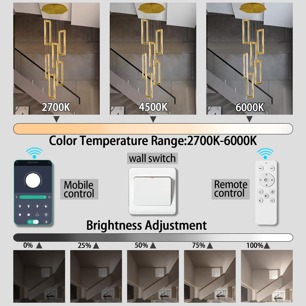 Modern Led Gold Chandelier Adjustable 6 Rings Crystal Chandelier for Living Room Foyer Stairwell Lighting High Ceiling Lamp Dimmable 2700K-6000K