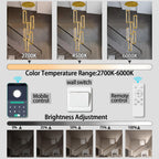 Modern Led Gold Chandelier Adjustable 6 Rings Crystal Chandelier for Living Room Foyer Stairwell Lighting High Ceiling Lamp Dimmable 2700K-6000K