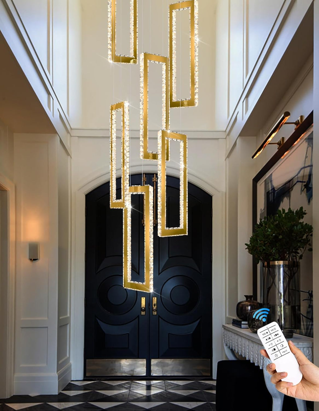 Modern Led Gold Chandelier Adjustable 6 Rings Crystal Chandelier for Living Room Foyer Stairwell Lighting High Ceiling Lamp Dimmable 2700K-6000K