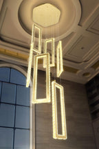 Modern Led Gold Chandelier Adjustable 6 Rings Crystal Chandelier for Living Room Foyer Stairwell Lighting High Ceiling Lamp Dimmable 2700K-6000K