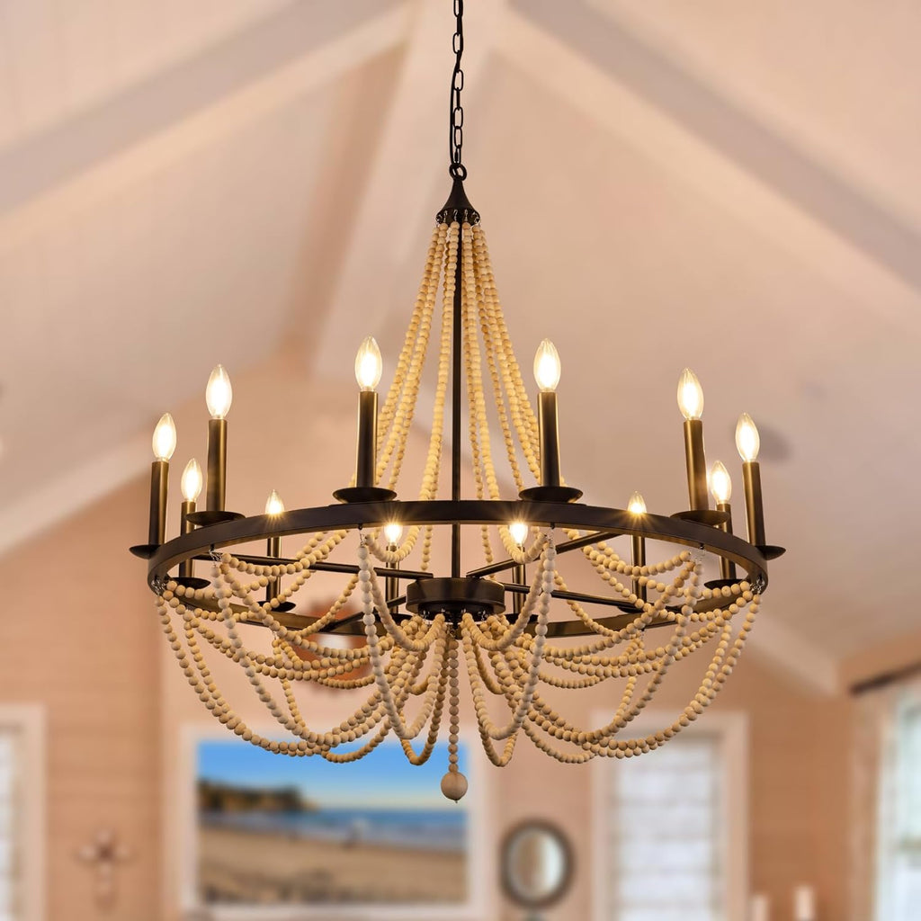 38", 12 Light Black Wagon Wheel Chandelier