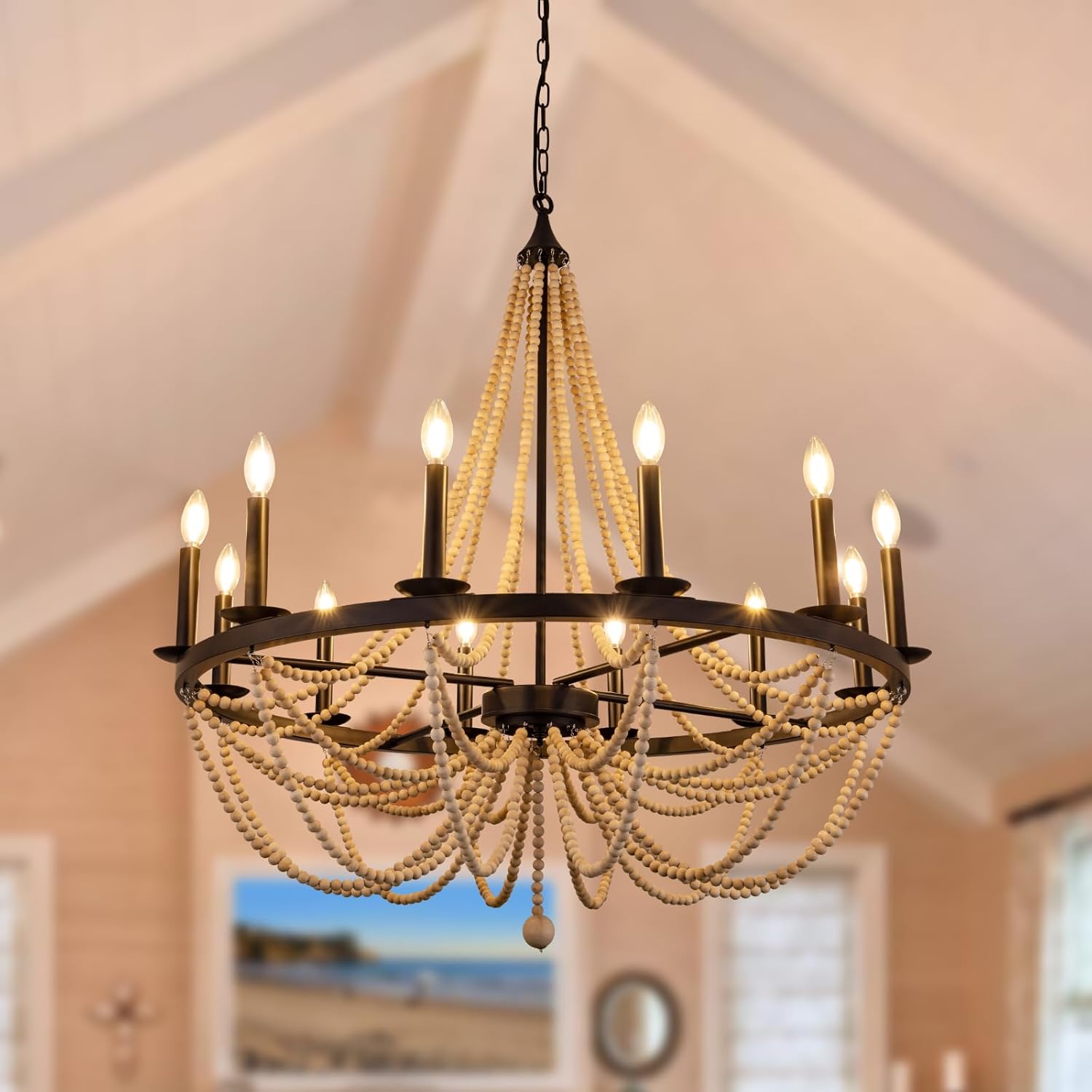 38", 12 Light Black Wagon Wheel Chandelier