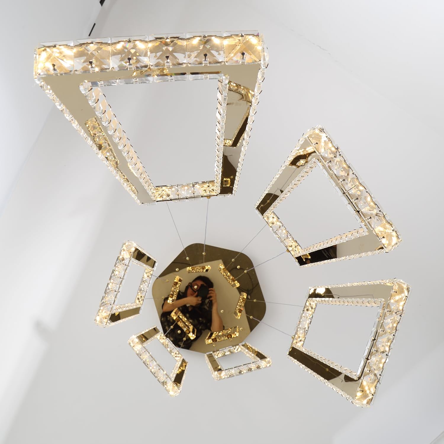 Modern Led Gold Chandelier Adjustable 6 Rings Crystal Chandelier for Living Room Foyer Stairwell Lighting High Ceiling Lamp Dimmable 2700K-6000K