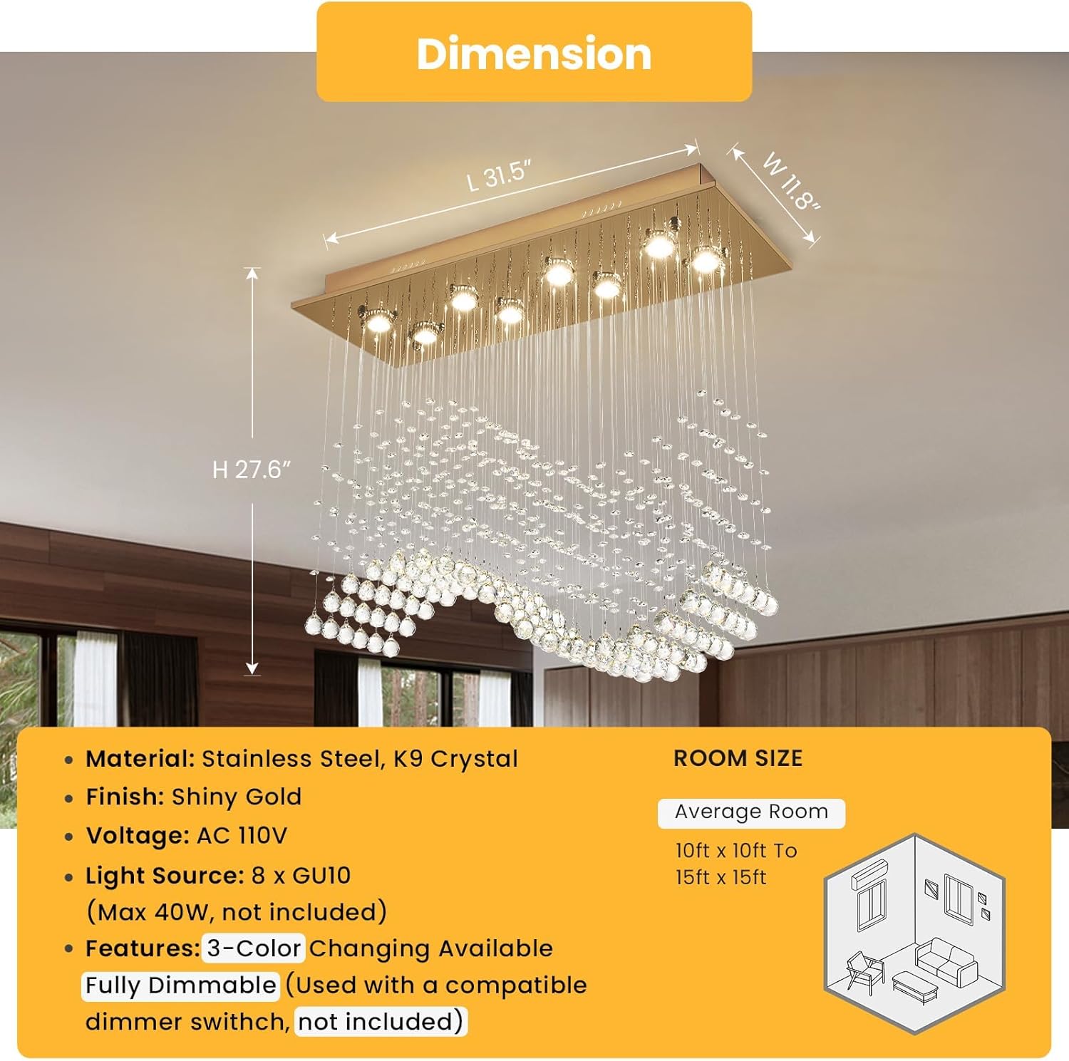Siljoy Gold Rectangle Crystal Chandelier