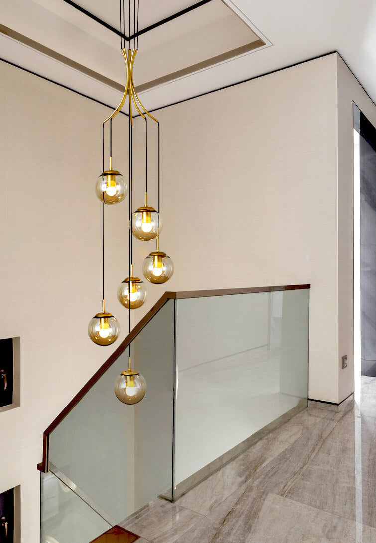 Gold Glass Globes Pendant Lighting in Cognac For Small Entrance And Lobby