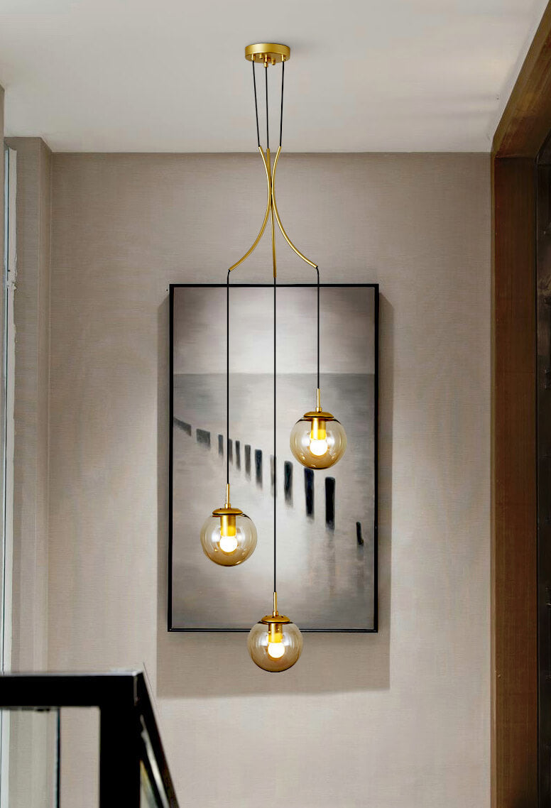 Gold Glass Globes Pendant Lighting in Cognac For Small Entrance And Lobby