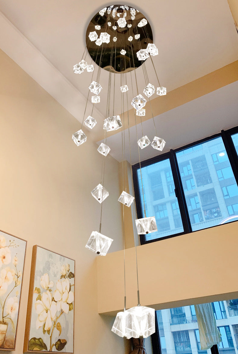 Ice Cube Transparent Crystal Chandelier For High Ceiling And Large Entryway