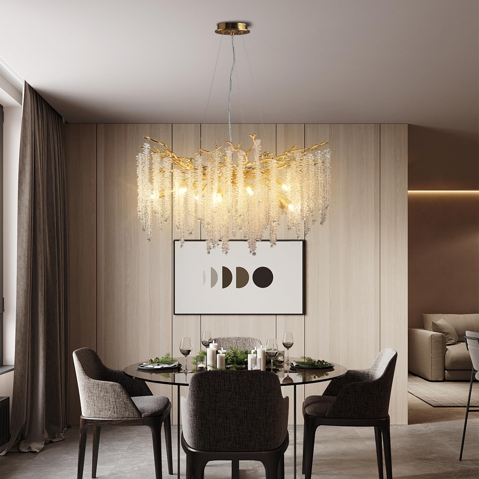 Modern Crystal Chandeliers for Dining Room,Gold Tree Branches Chandelier Lighting,Round Luxury High Ceiling Chandelier Light Fixture Hanging Pendant Light Fixtures-30